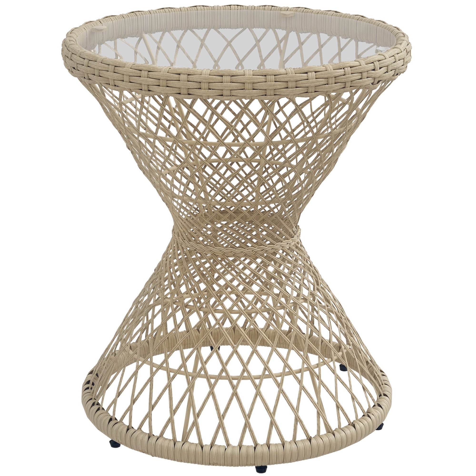 Stolik kawowy, boho design, szklany blat, rattan PE, 45 cm x 45 cm x 52 cm, naturalny