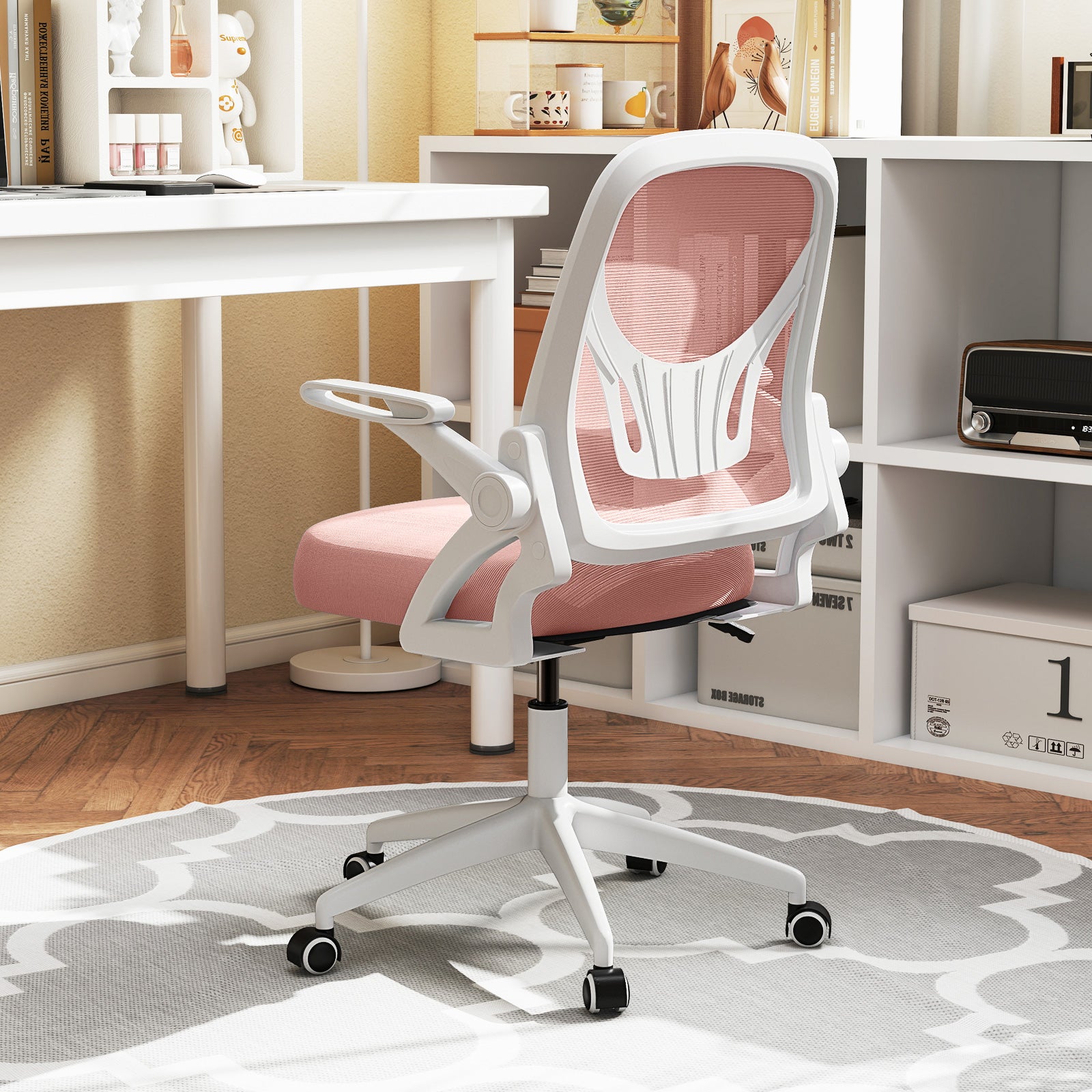 Ergonomiczne krzesło biurowe obrotowe, fotel biurowy z regulowaną wysokością i podnoszonymi podłokietnikami, oparcie z oddychającej siatki, różowe - 4