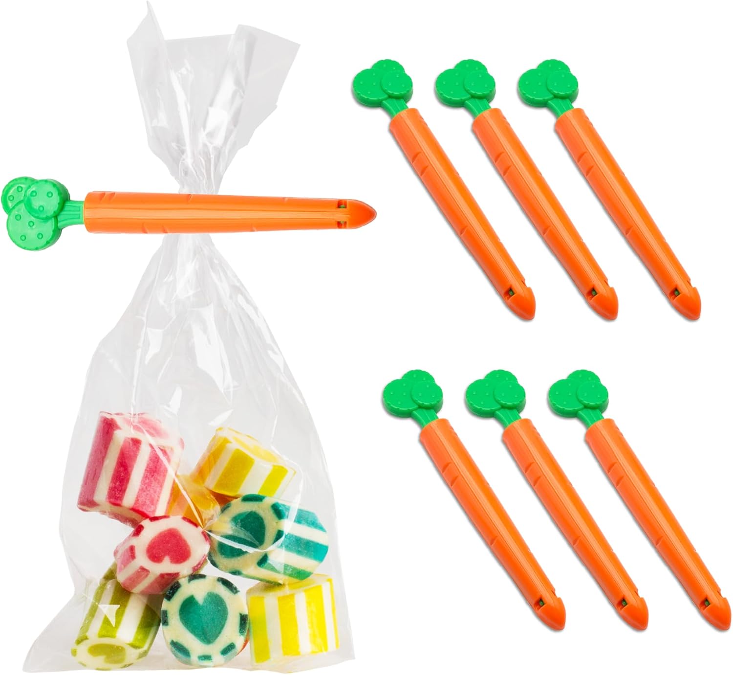 Zestaw 6 klipsów do torebek w kształcie marchewki, 11 cm – Wielokrotnego użytku klipsy do żywności – Bezpieczne zamknięcie