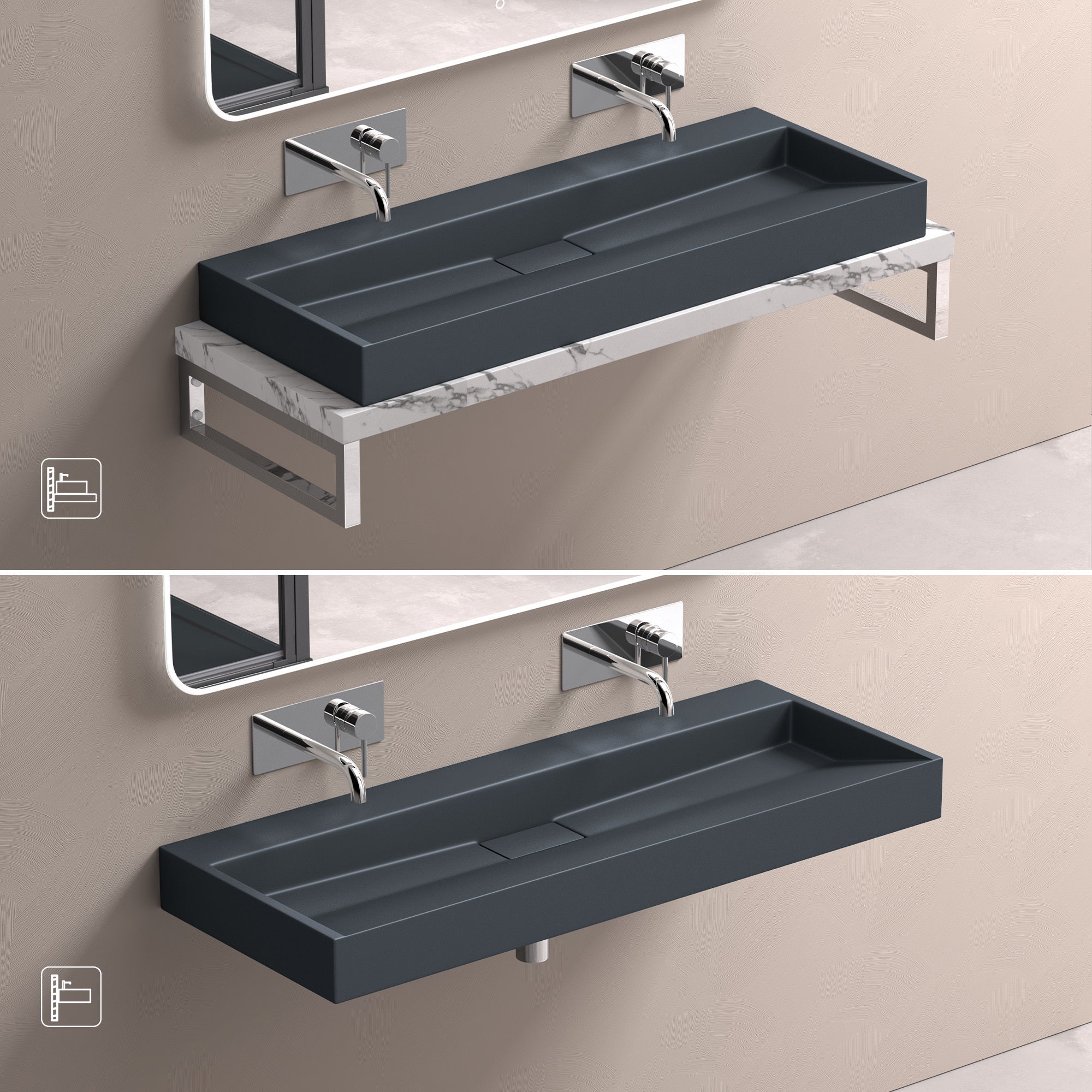 Lavabo Suspendu, Vasque à Poser, Lave-Mains Rectangulaire, 120x46x11cm, Gris Noir Mat, avec Bonde, Colossum19 doporro - 4