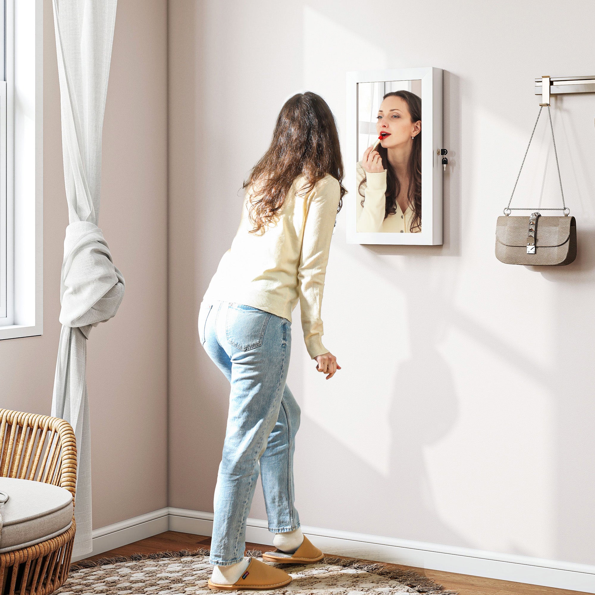 Miroir à bijoux mural , armoire à bijoux verrouillable, miroir pleine longueur en MDF pour chambre et salon, 36,5 x 9,5 x 67 cm, blanc - 3