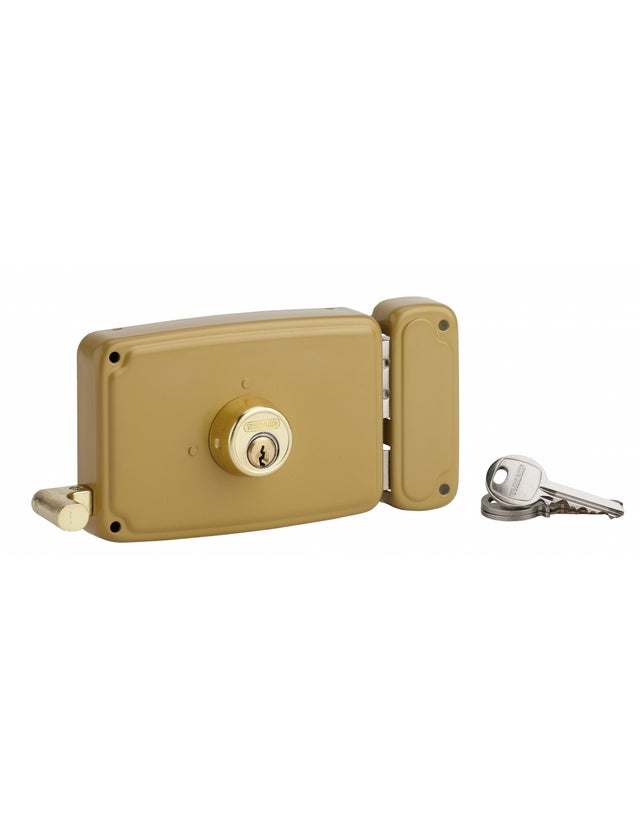 THIRARD - Serrure horizontale en applique double entrée à tirage pour porte d'entrée, droite, 140x94mm, axe 70mm, marron, 3 clés - THIRARD