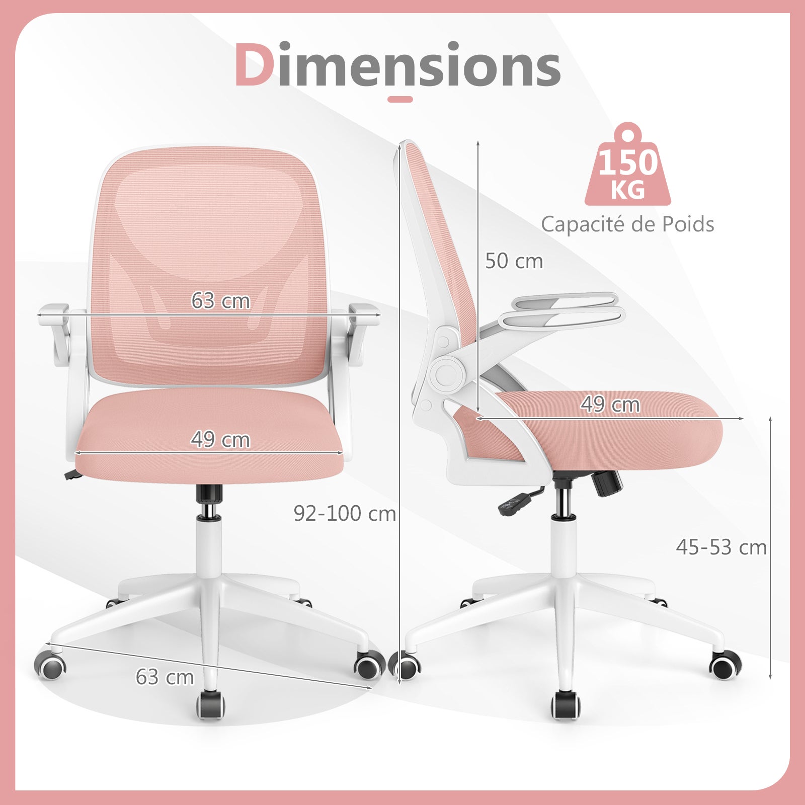 Ergonomiczne krzesło biurowe obrotowe, fotel biurowy z regulowaną wysokością i podnoszonymi podłokietnikami, oparcie z oddychającej siatki, różowe - 3
