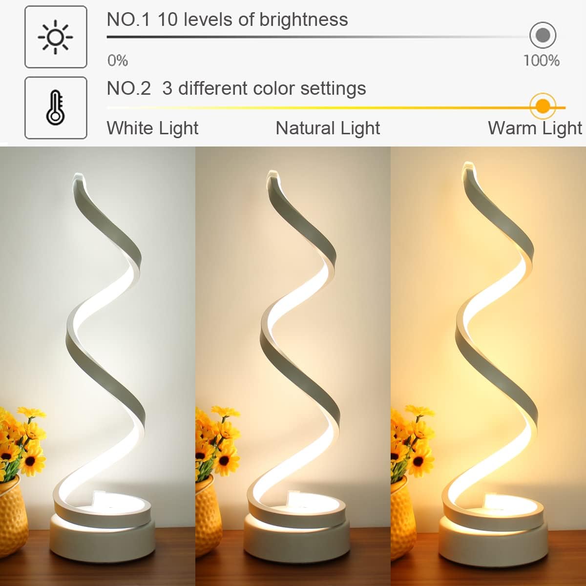 Lampe de table LED en spirale, moderne, simple et à intensité variable, pour chambre, salon, table de chevet (blanche) - 3