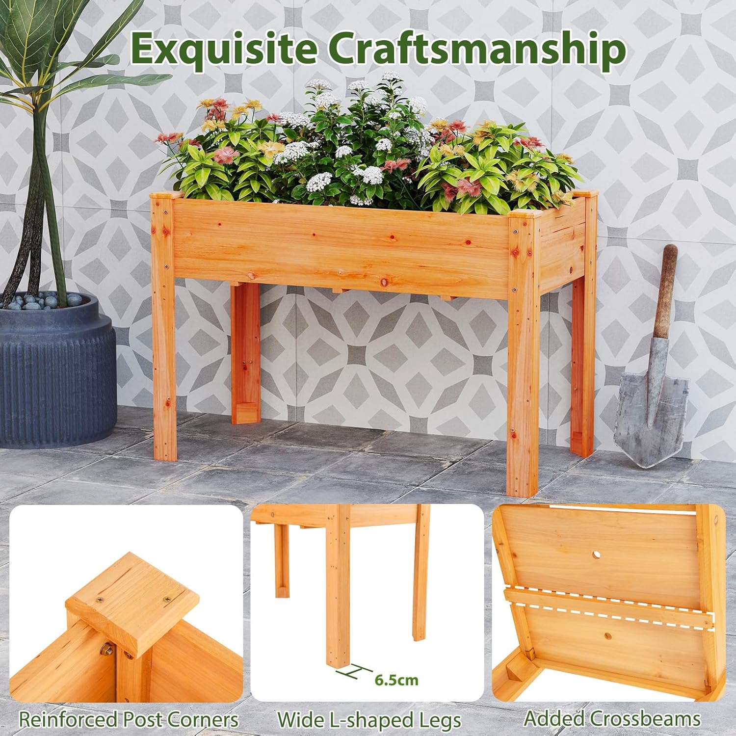 Carré Potager sur Pieds en Bois de Sapin, Jardinière Surélevée Extérieure avec Trou de Drainage, 120,5x60,5x81,5CM (Orange) - 4