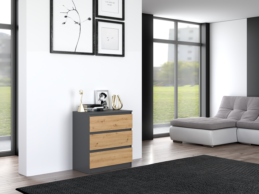 ASTER T3 - Commode de chambre 3 tiroirs - 77x70x40 - Meuble de rangement - Style Scandinave - Gris/Artisan - 7