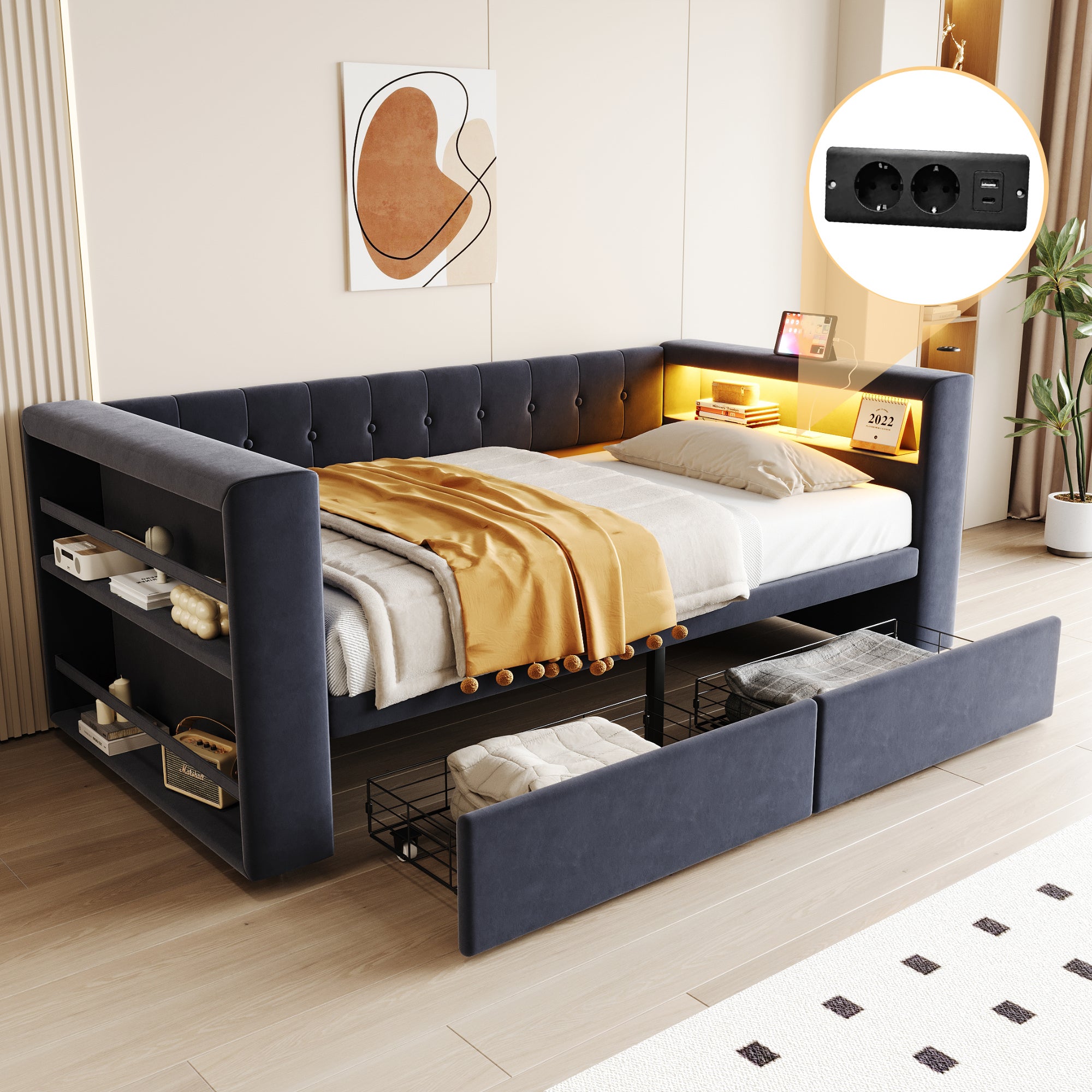 LIT DE JOUR Avec Gigogne Et Tiroirs Sans Matelas Blanc 90x200cm EUR 577