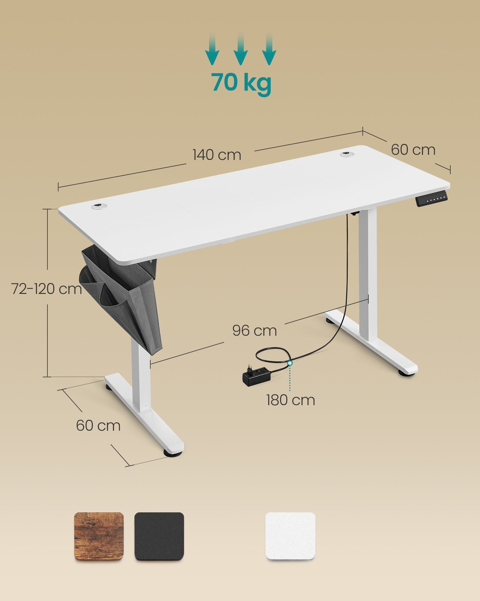 Bureau Électrique Assis-Debout, Bureau Réglable en Hauteur, 60 x 140 x (72-120) cm, 4 Hauteurs Mémorisables, Pochette de Rangement, Blanc Nuage - 5