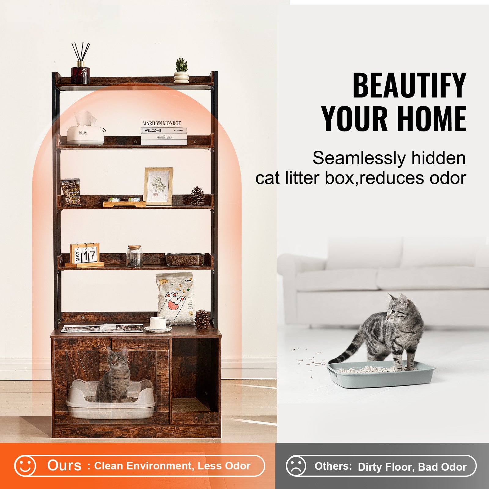 Trayage de litière pour chats enceintes,SucceBuy meubles avec 4 étagères,grande armoire pour la plupart des poubelles,33,5 x 19,3 x 72,3 pouces - 4