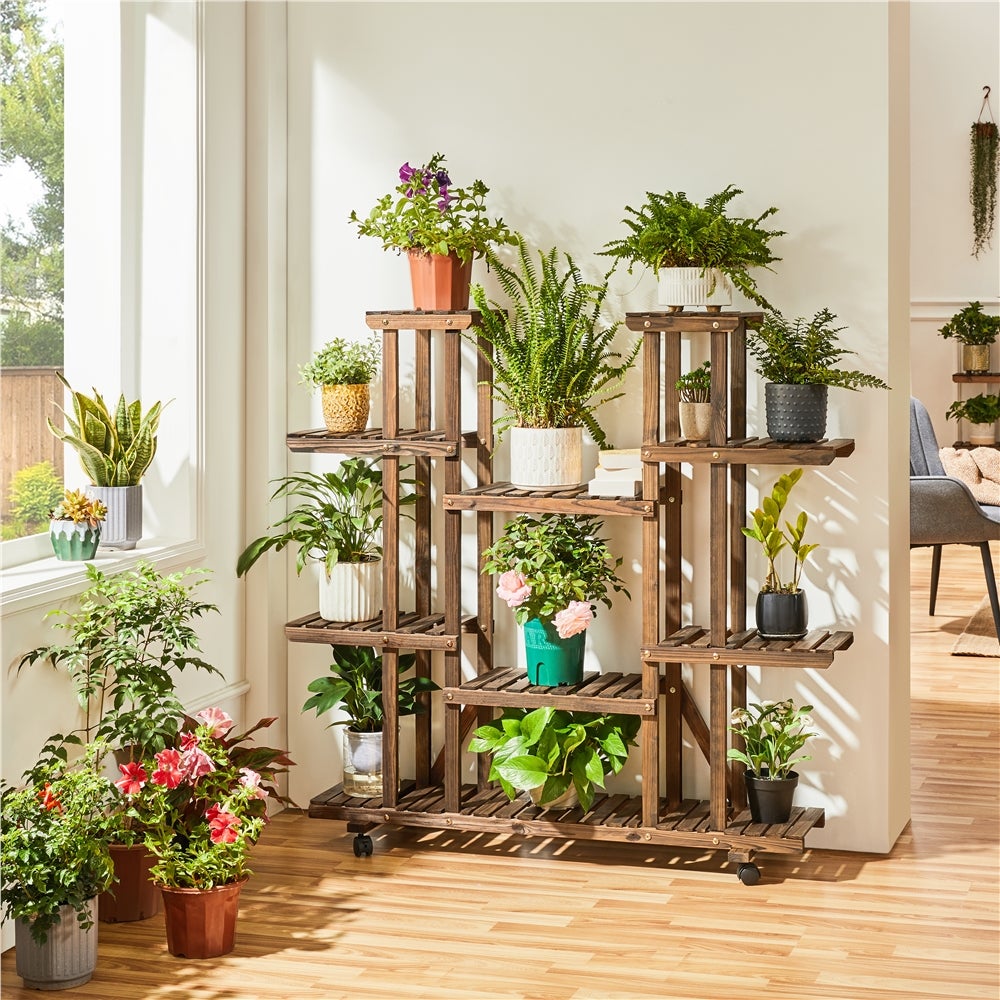 Lot de 2 Étagère à Fleurs en Bois Porte-plantes à Roulettes avec 9 Tablettes, Couleur du Bois Yaheetech - 2