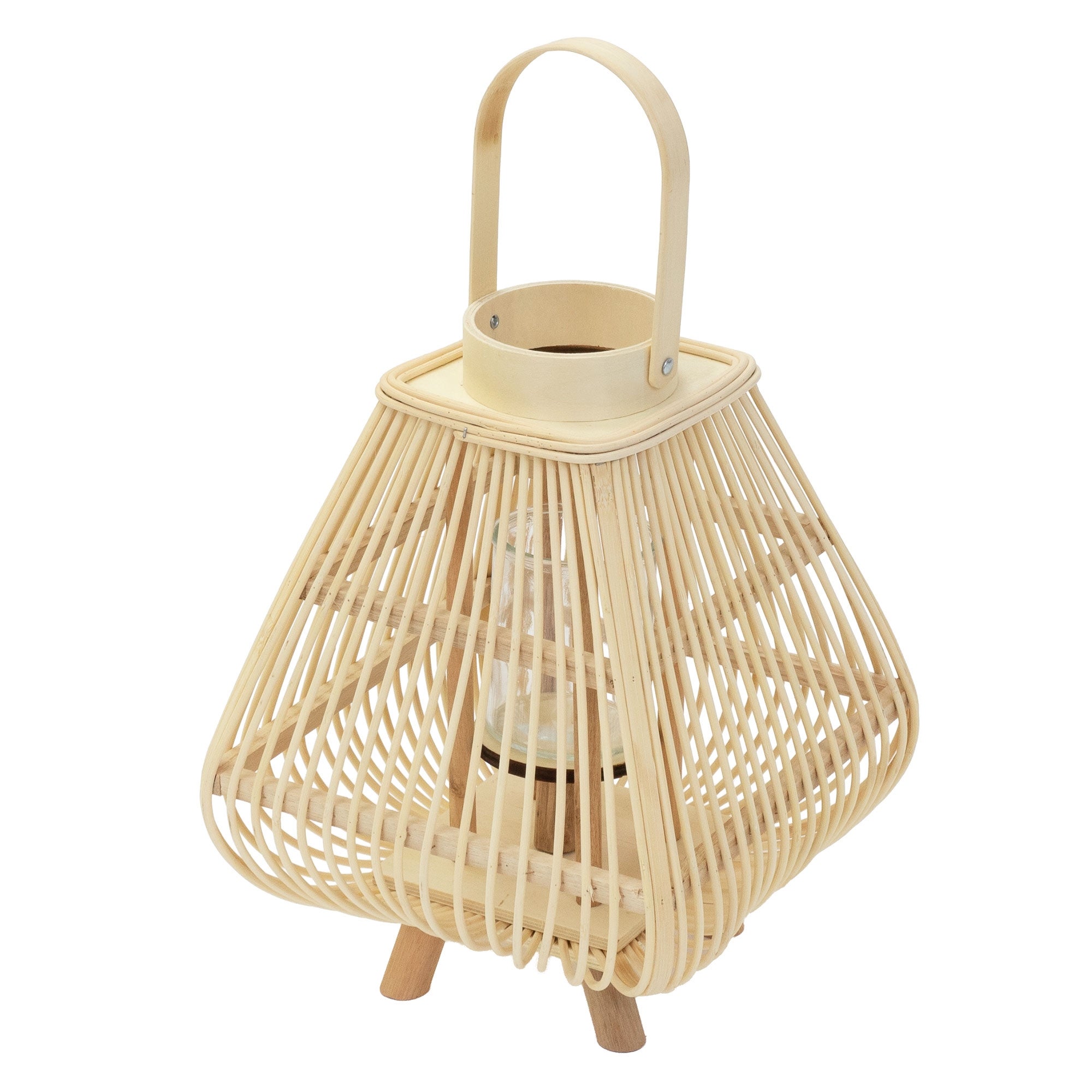 ECD Germany Lampion dekoracyjny latarnia bambusowa 45,5 cm, stylowa ozdoba boho z uchwytem i szklanym wkladem do ogrodu i wnetrz w kolorze naturalnym