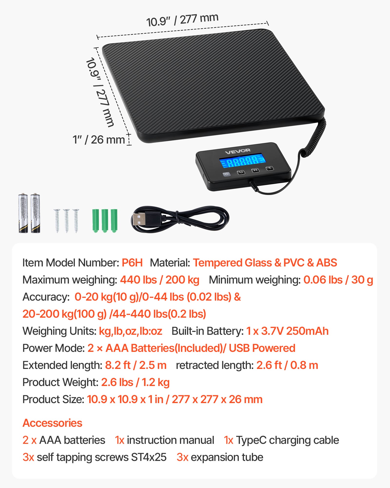 Balance Postale Numérique VEVOR 200 kg Pèse-colis Double Précision 0-20 kg (10 g) et 20-200 kg (100 g), avec Fonction de Maintien Tare, Écran LCD - 7