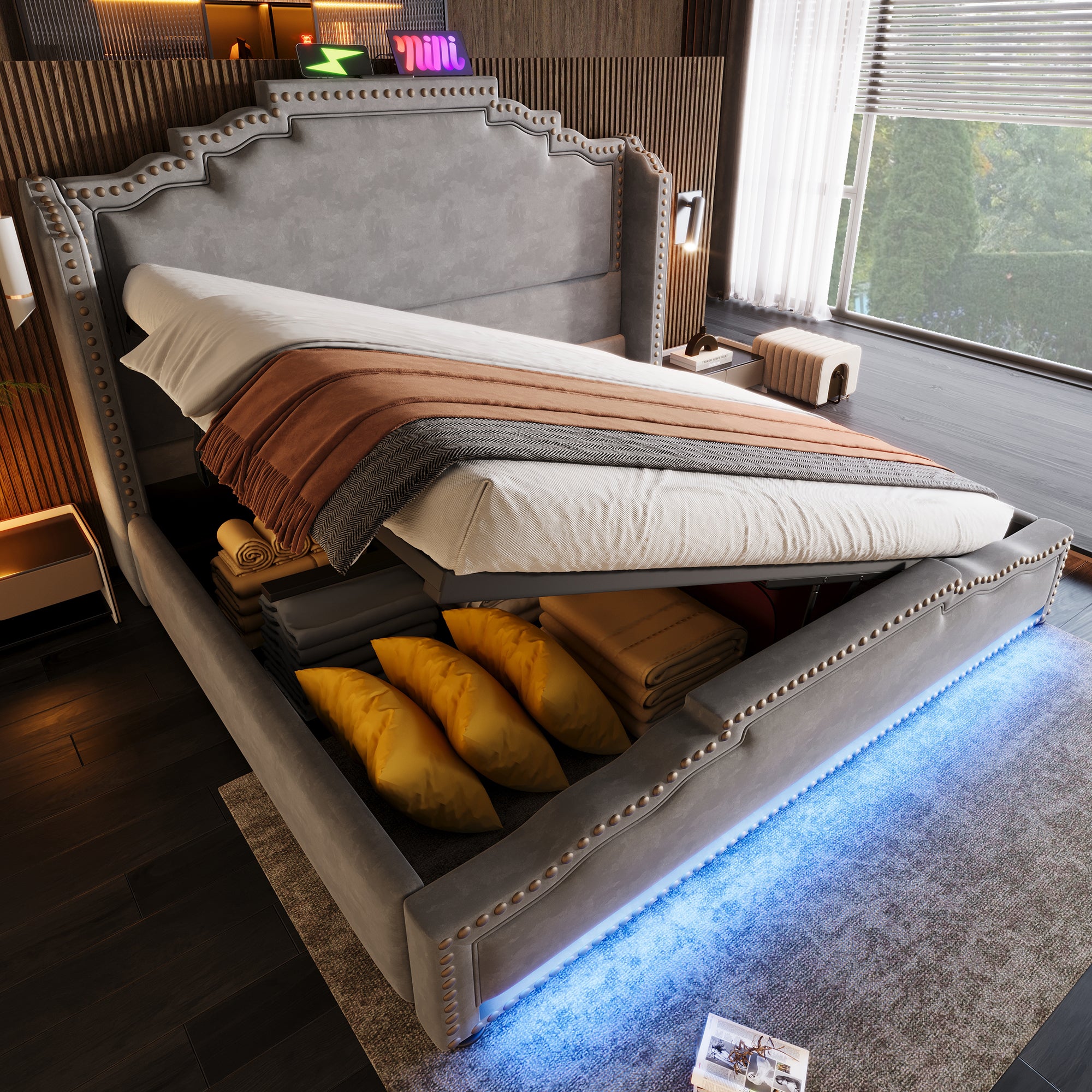 Lit Coffre Hydraulique Moderne 140x200 Cm Avec Tête De Lit Haute, LED Et Rangements