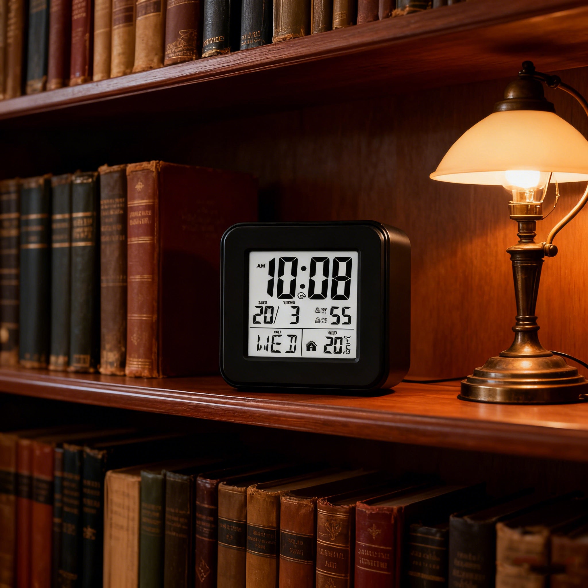 Set 2 sveglie LCD digitali nere con doppia allarme, temperatura interna, data e snooze alimentate a batteria per casa e ambienti lavoro - 8