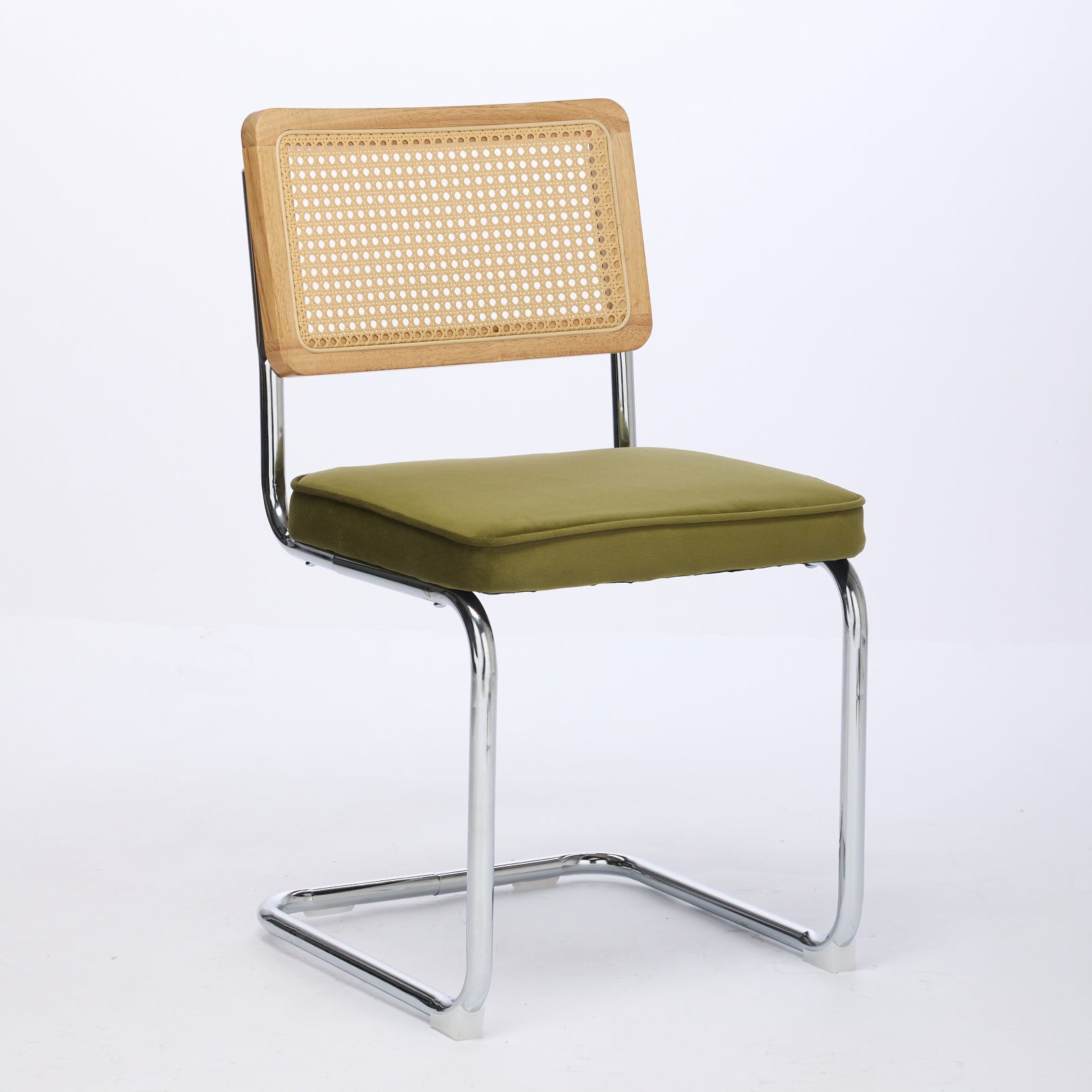 Ensemble de 2 chaises salle à manger milieu du siècle, velours, dossier canne naturelle, base inox chromée, style Breuer, rotin, vert olive, DE1851OL - 3