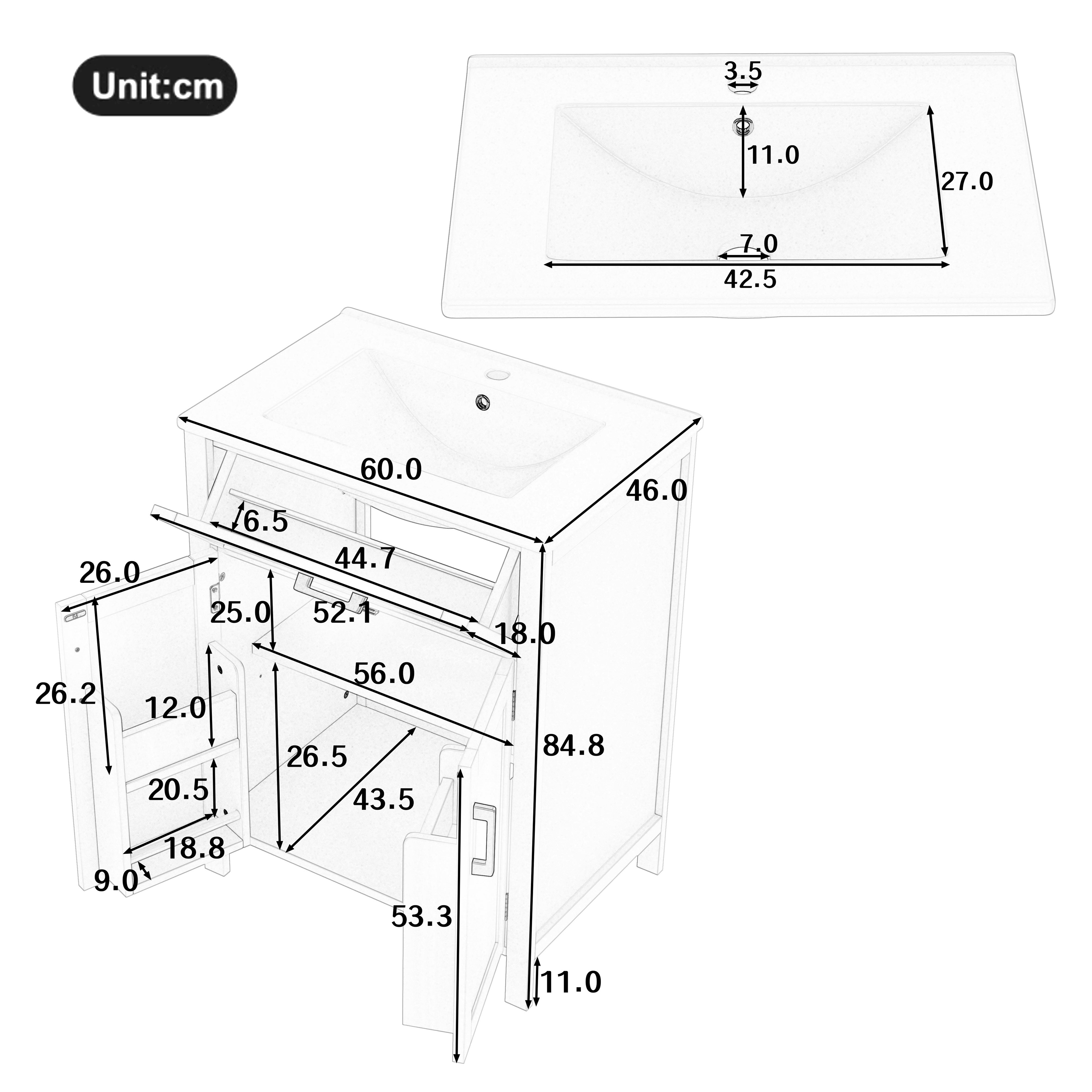 Meuble de salle de bain sur pied - avec une vasque en céramique - 2 portes - 60x46x85cm - Blanc(robinet non inclus) - 5