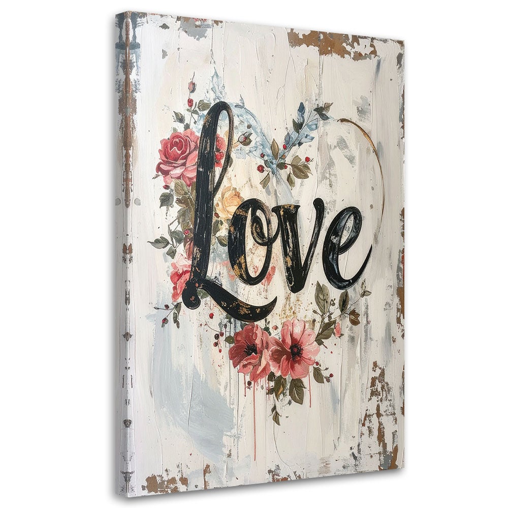 Obraz do salonu sypialni biura loftu, Napis Love róze w stylu shabby chic 70x100
