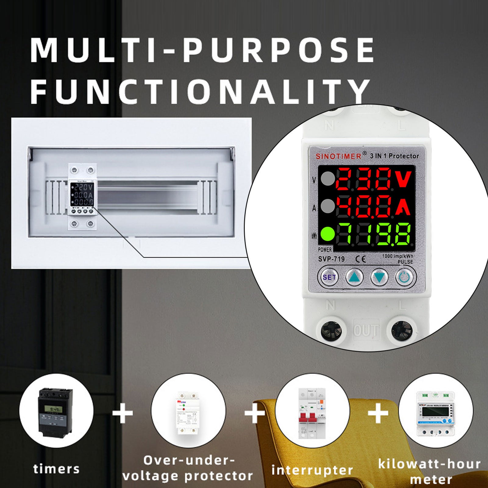 Relais de tension 230V 40A DIN avec écran LCD, protection surtension et sous-tension, limiteur de courant, réarmement automatique SVP-719 - 7