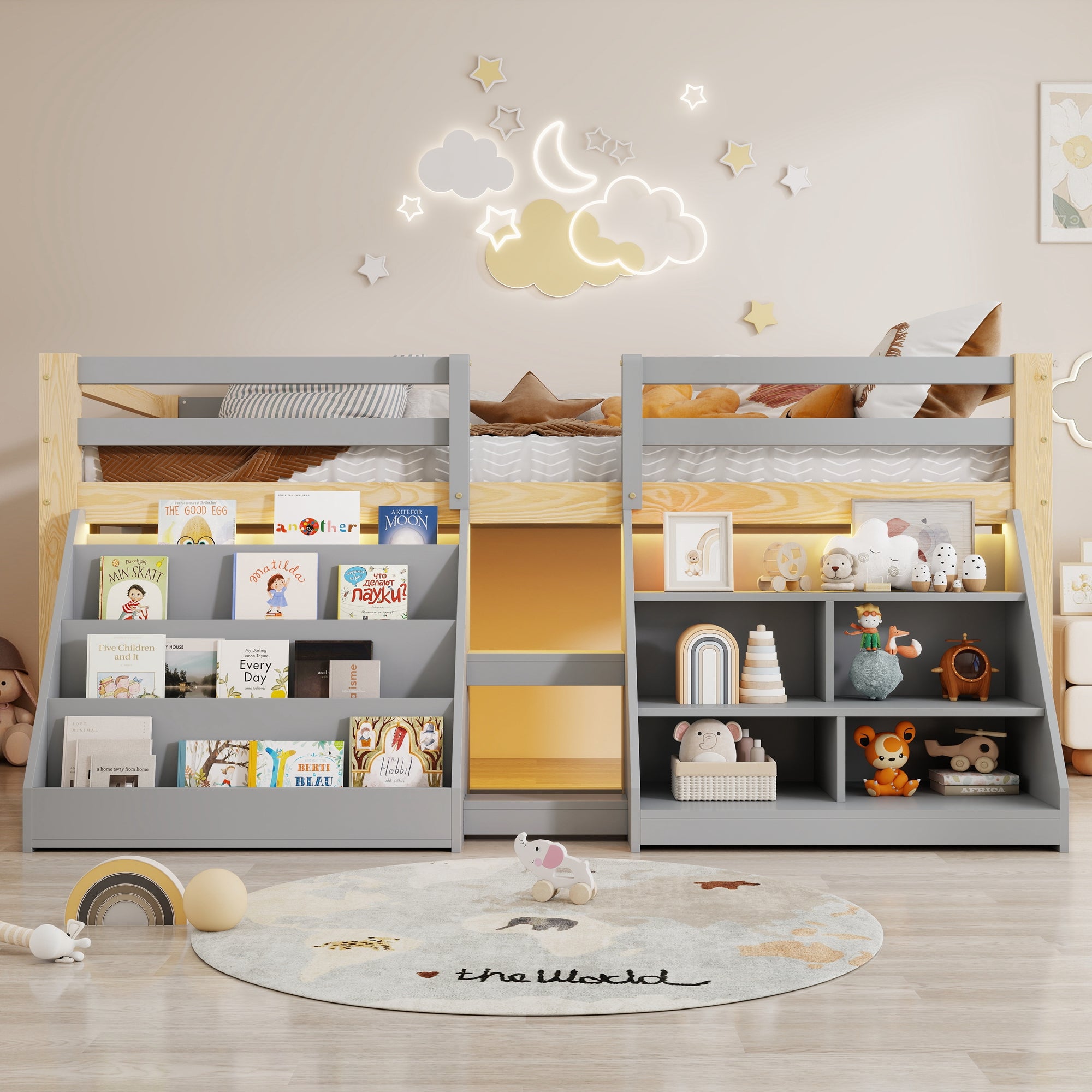 Lit mi-hauteur enfant 90 x 200 cm avec étagères et barrière de sécurité - Pin + MDF + contreplaqué - LEDs - Naturel + gris (Sans matelas) - 2