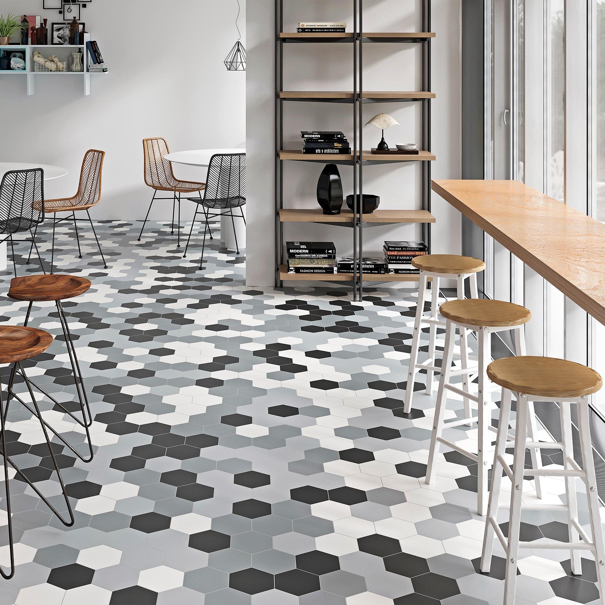 Piastrella Esagonale Interno ed Esterno Effetto Cimento Bianco. Porcellanato Essence White14x16cm - 2