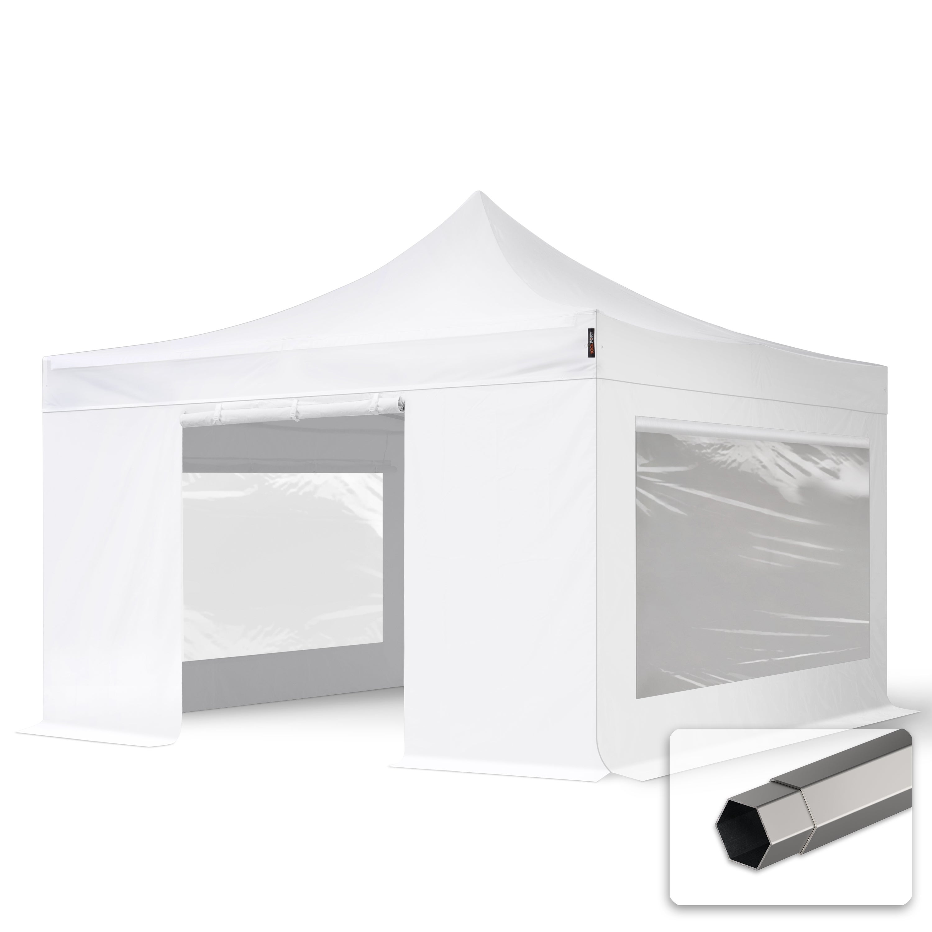 4x4 m Namiot Ekspresowy, PREMIUM Stal 40mm, trudnopalny, ze ścianami bocznymi, okna panoramiczne, biały