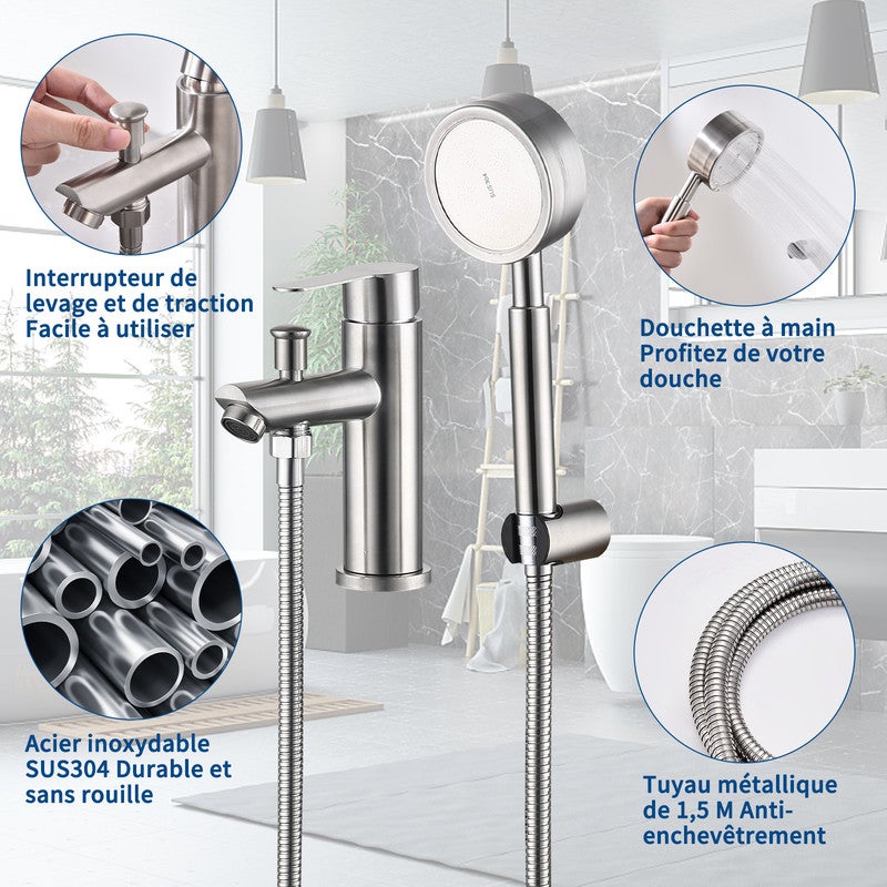 Mitigeur Salle de Bain Brossé Robinet de Douche avec Pommeau et Flexible Kit de Robinet Monotrou à Double Usage - 3