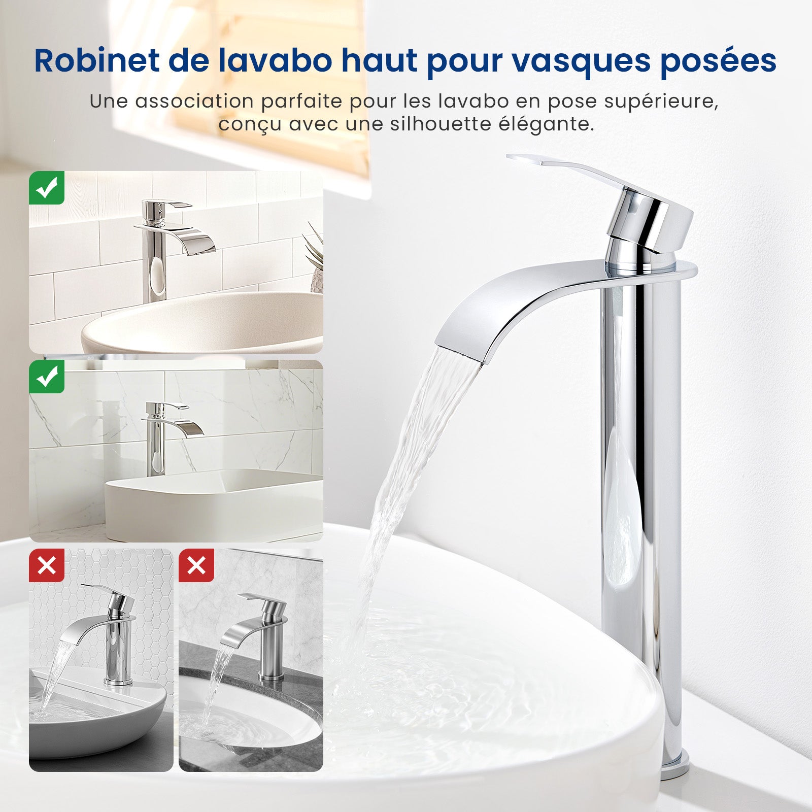 2PCS Mitigeur de lavabo en cascade Robinet de salle de bains chrome Robinet de lavabo en acier inoxydable Robinet de lavabo et vasque haut - 2