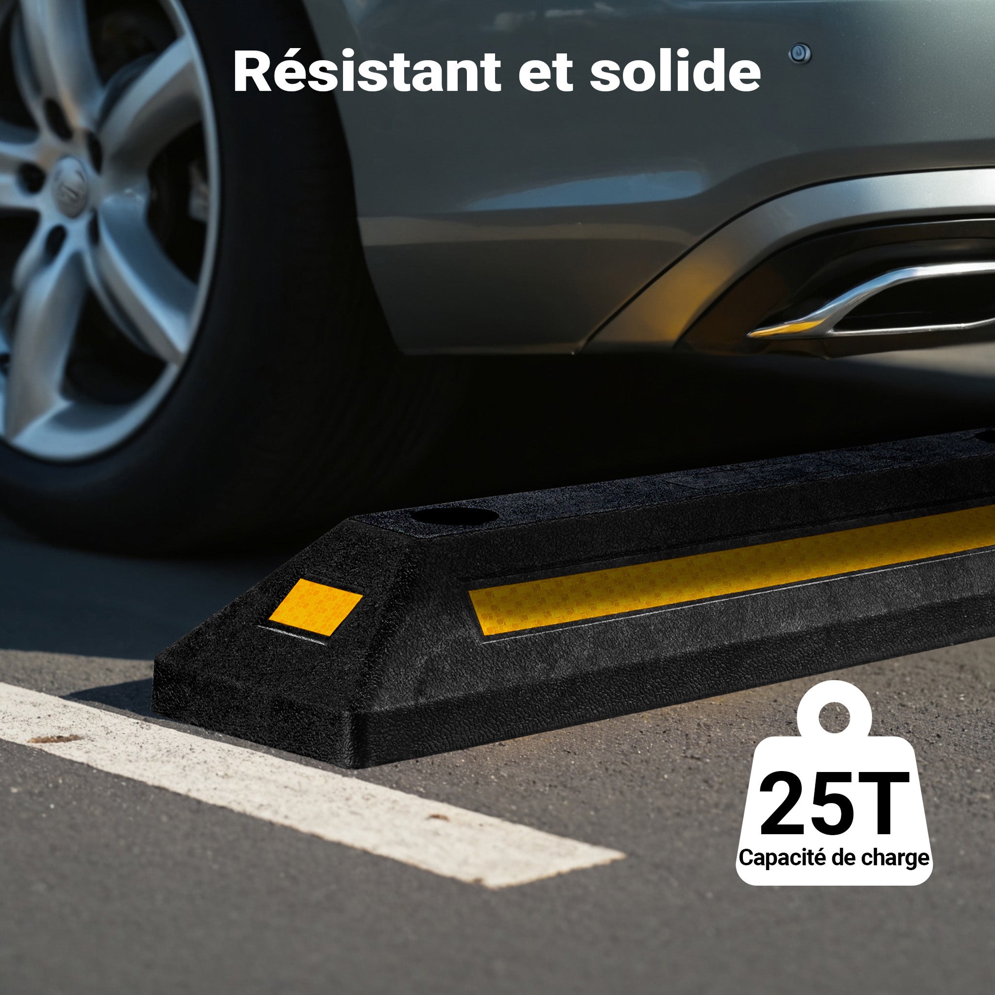 Wiltec Delimitatore di parcheggio, 2 battiruota in gomma 560x150x100mm con fasce rifrangenti, Fermaruota - 5