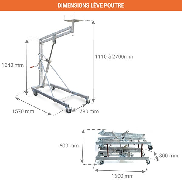 Lève poutre manuel - Levée max 2700mm - Charge max 600kg - Levée par crémaillère - Charpente, menuiserie, maçonnerie, métallurgie - 12373 - 2