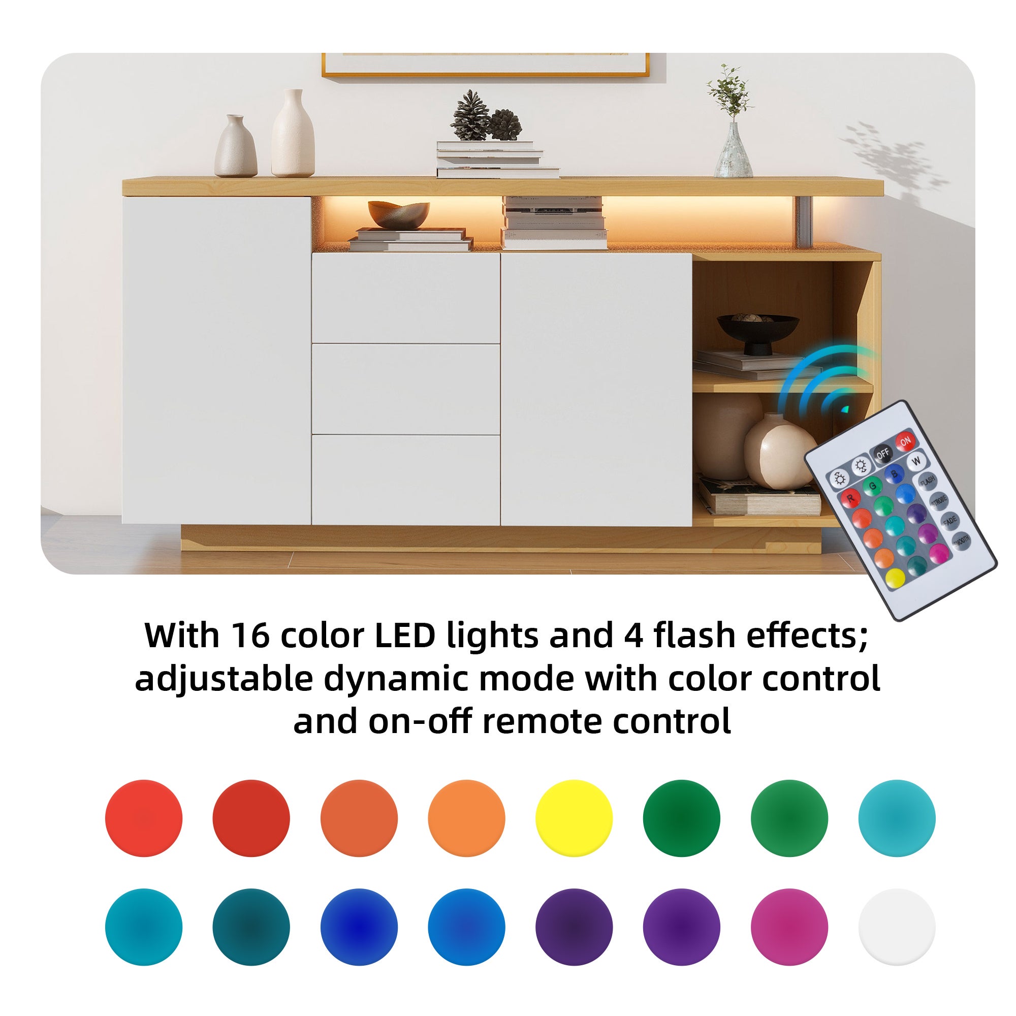 Buffet Moderne Multifonctionnel 140 cm avec Éclairage LED, 2 Portes, 3 Tiroirs, 2 Compartiments Ouverts et Finition Blanc Bois - 2