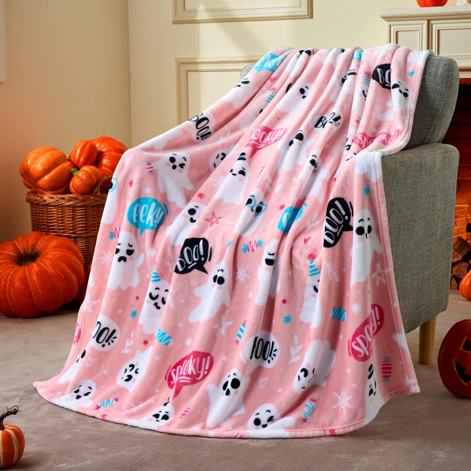 1 sztuka (173x218 cm) Różowy flanelowy koc na Halloween – Duch, miękki koc na Halloween, dekoracja na imprezę Halloween