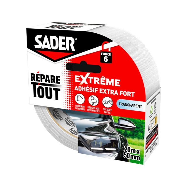 Adhésif extra fort SADER - Réparation extrême tous usages - Transparent - Intérieur & Extérieur - Toutes surfaces - 20 m x 50 mm