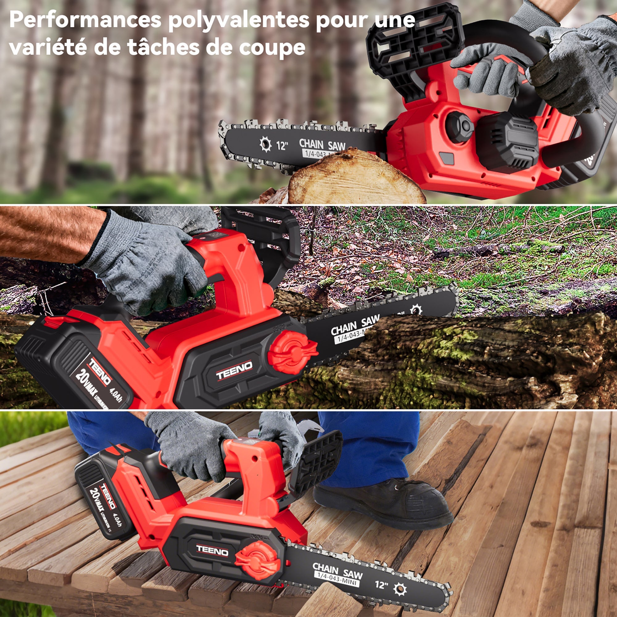 TEENO Tronçonneuse électrique sans fil à moteur brushless de 12 pouces et 1200 W, 2 batteries de 4,0 Ah - 7
