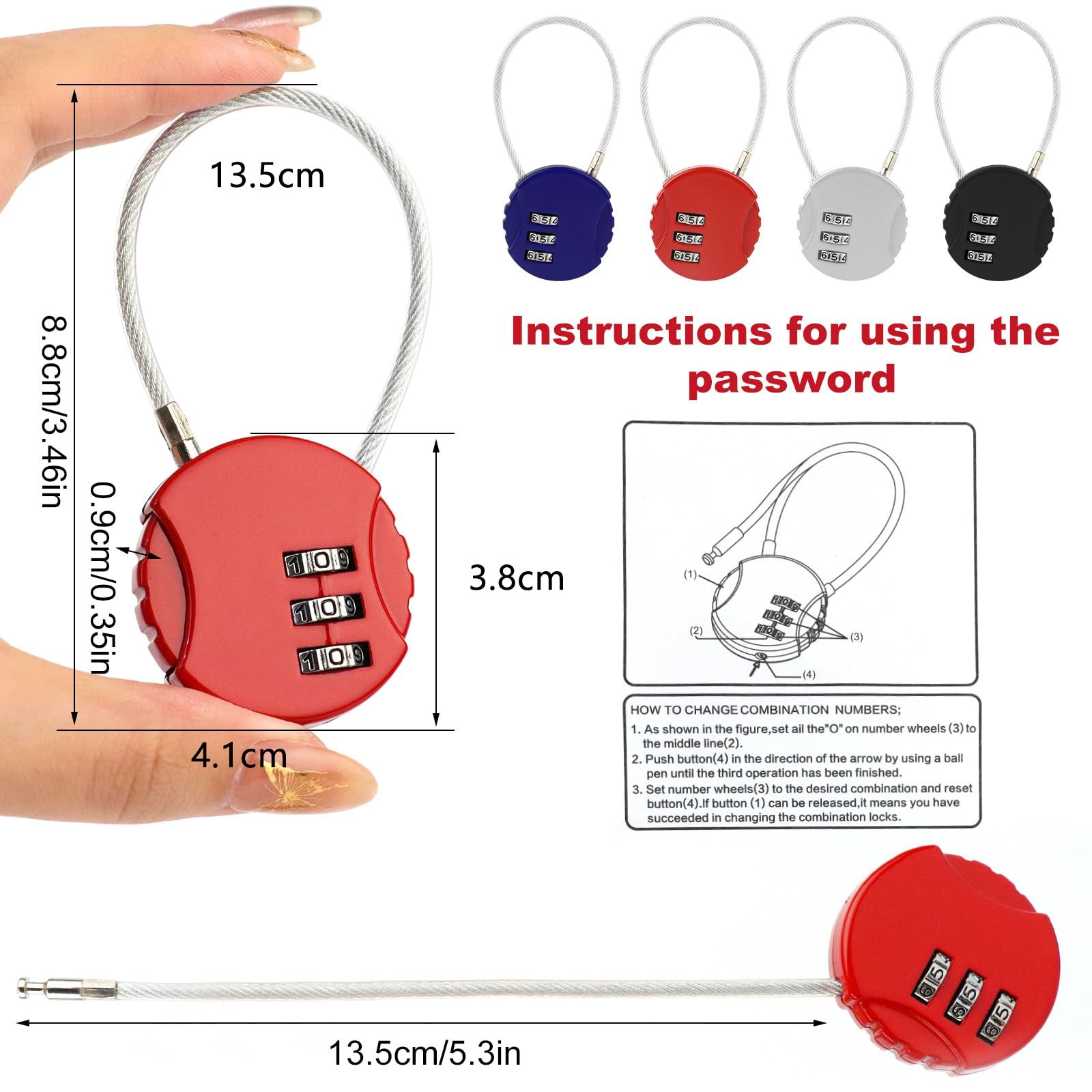 Lucchetto a combinazione da 4 pezzi, Lucchetto per bagagli a 3 cifre, Lucchetto a combinazione per bicicletta, Resistente agli agenti atmosferici - 3