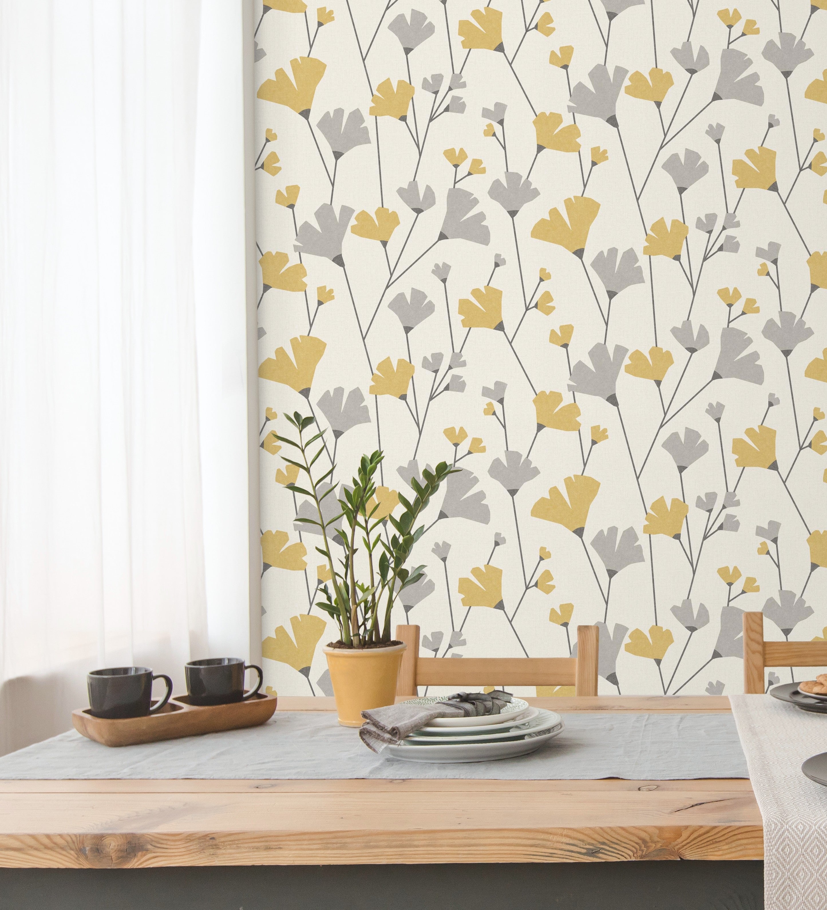 Papel pintado lavable de flores silvestre gris y mostaza estilo nórdico - Sophie Garden 680923 de GAULAN - Rollo de 10 m x 0,53 m - 5