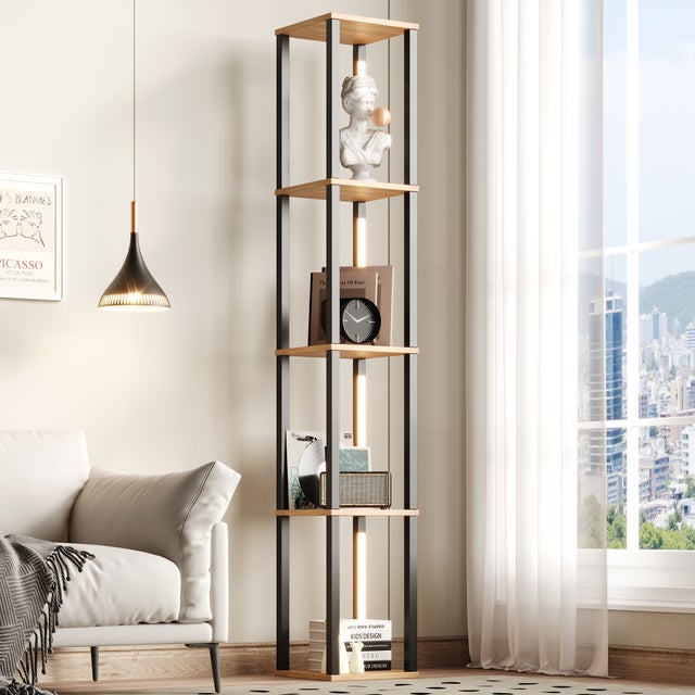 Étagère 4 niveaux avec éclairage LED 3 couleurs - 26 x 26 x 165 cm - MDF - Design minimaliste moderne - Noir et aspect bois