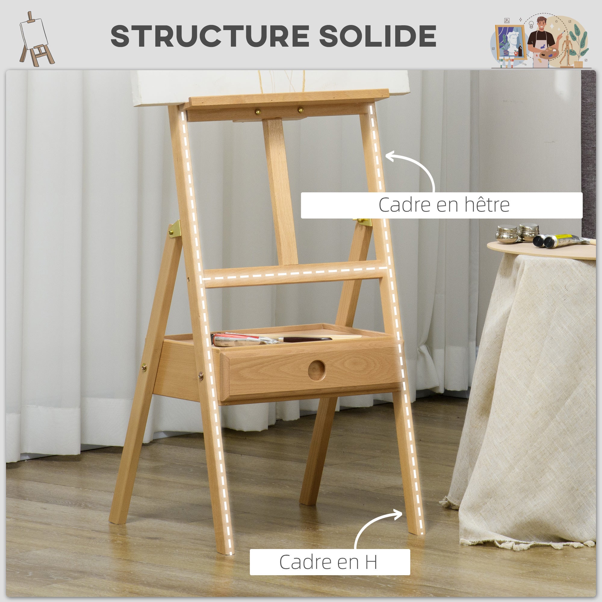 Chevalet en bois de hêtre réglable avec tiroir VINSETTO - 5