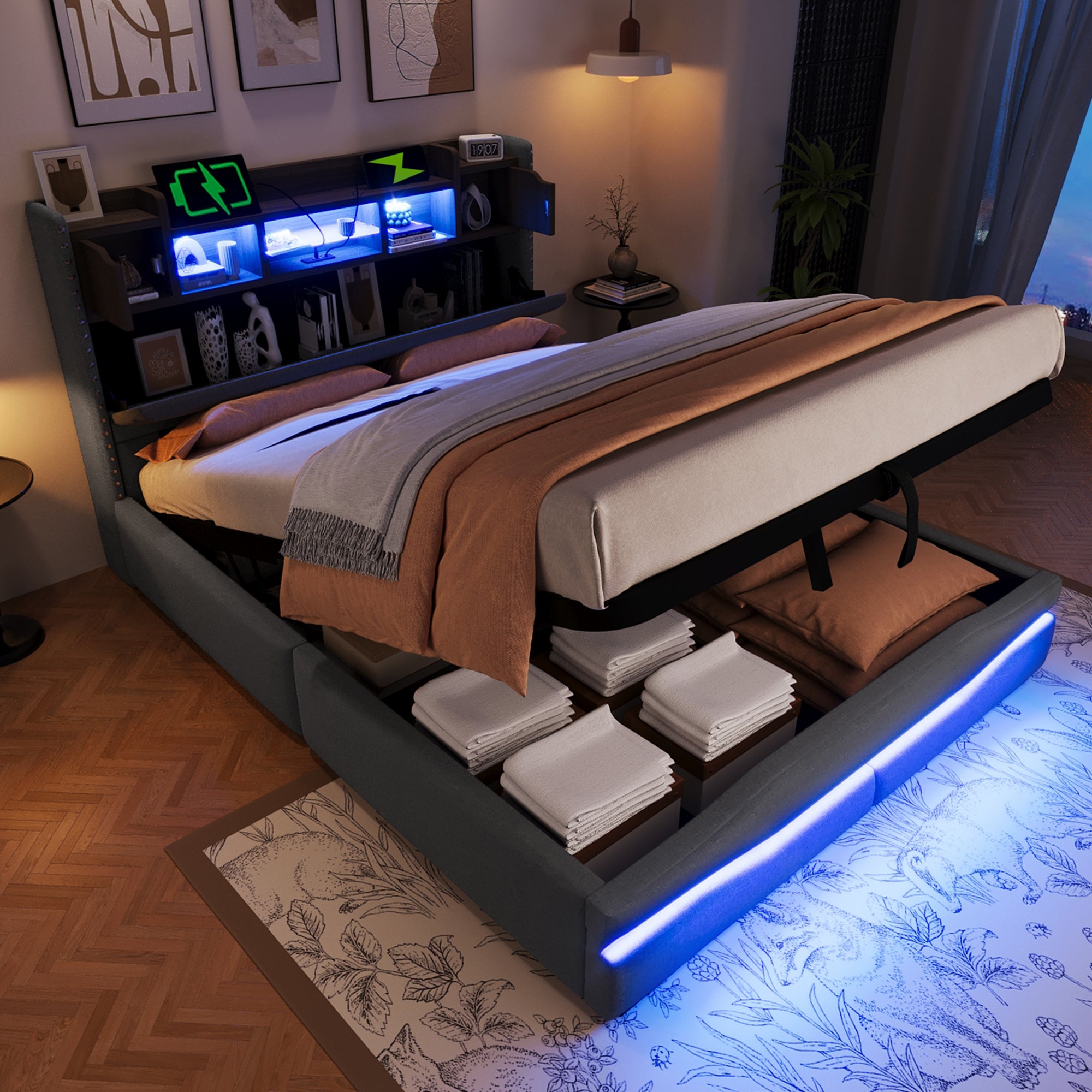 Bett 140x200cm, hydrauliczny z USB-C, LED z pilotem, szklany, bez materaca