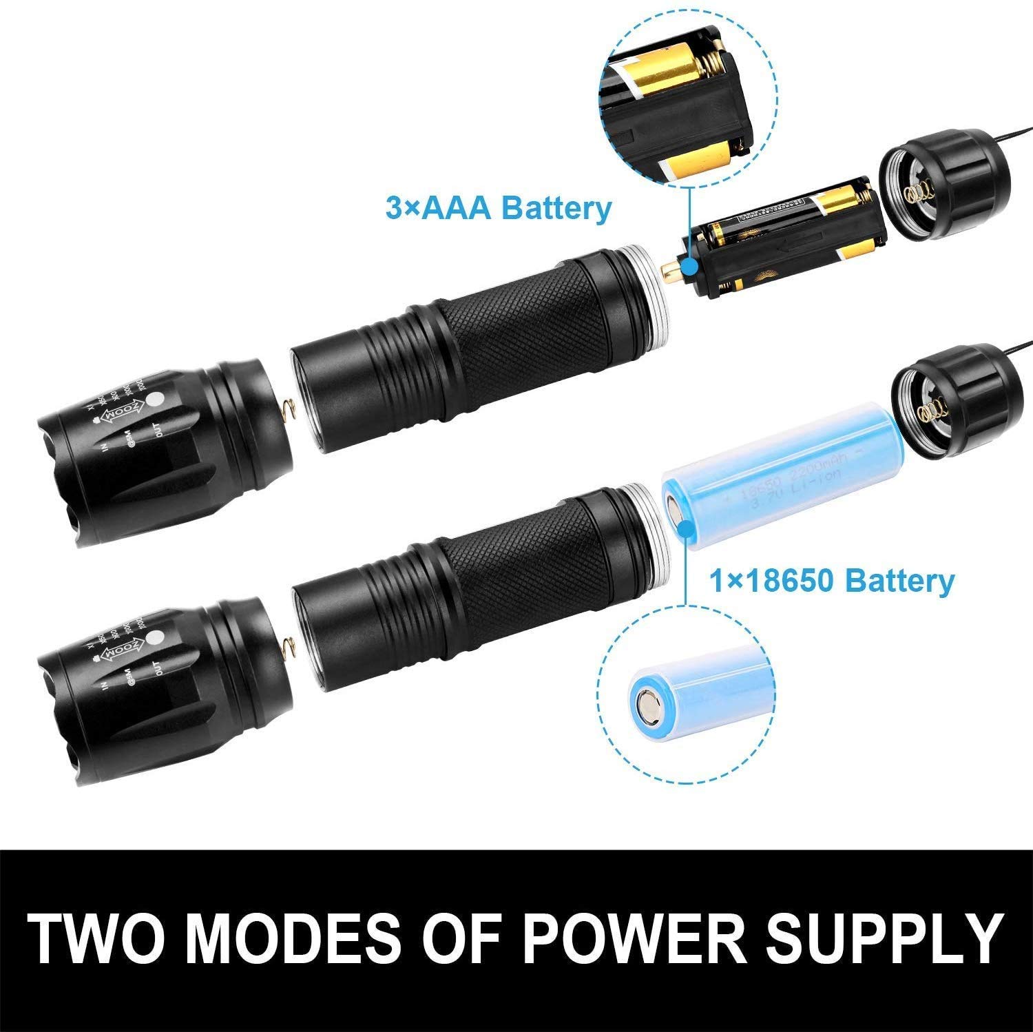 Torcia a LED, torcia a LED ricaricabile, torcia a LED extra-large, torcia tattica militare, 5 modalità, zoom regolabile, torcia impermeabile - 3