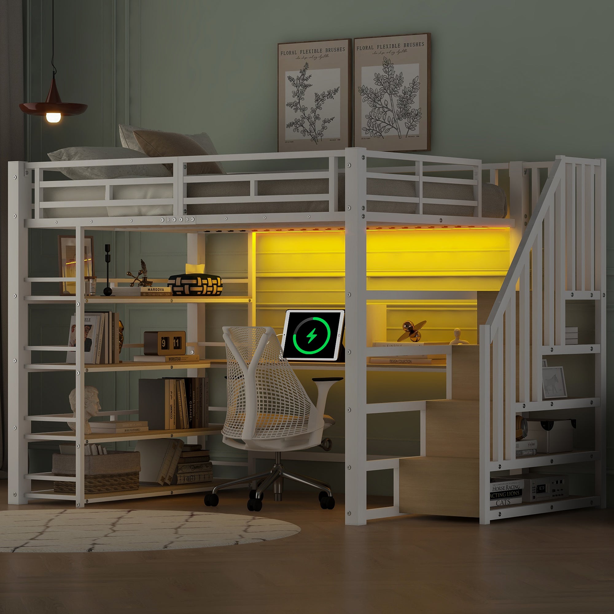 Metalowe Łóżko Piętrowe 140x200cm ze Schodami z Schowkami, Zintegrowanym Biurkiem, Portem USB i Oświetleniem LED, Białe