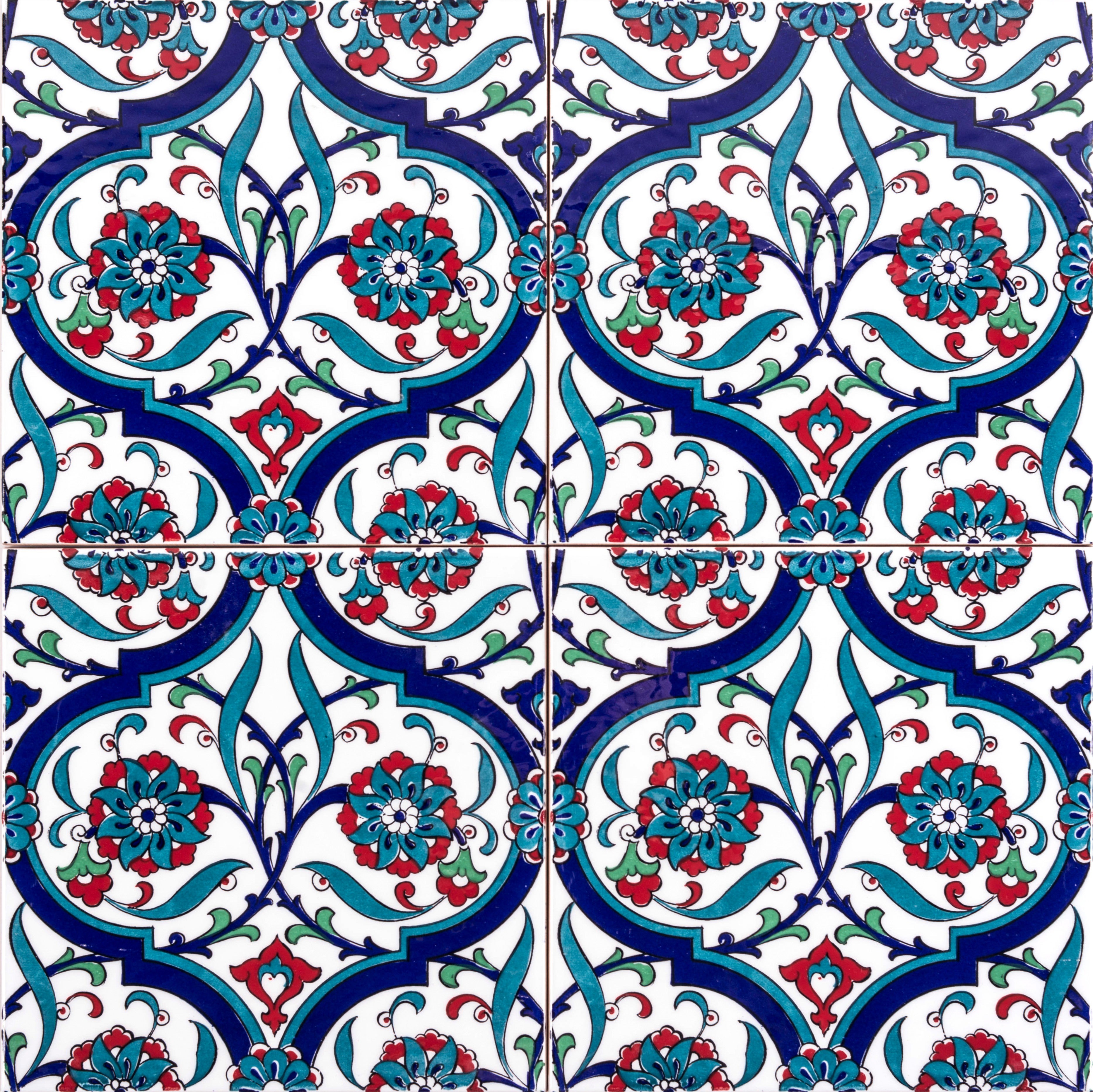 Carreaux Muraux Turcs Iznik – Lot De 12 – Céramique Colorée 20x20 Cm – Motif Floral