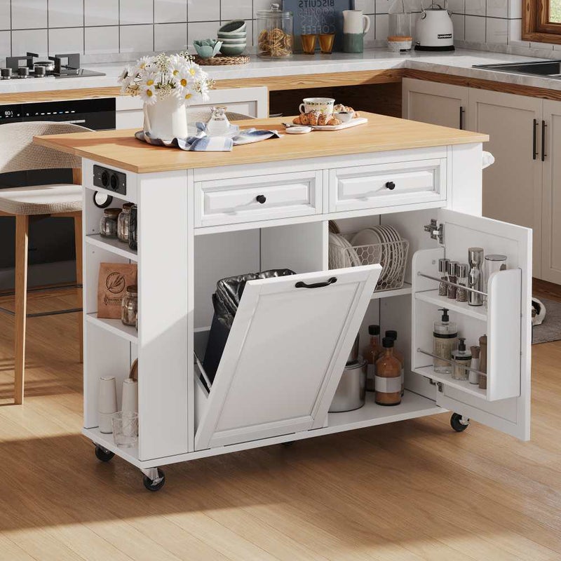 Wyspa kuchenna na kółkach z rozkładanym stołem, schowkiem na śmieci, wieszakiem na ręczniki i listwą zasilającą, biały wózek mobilny
