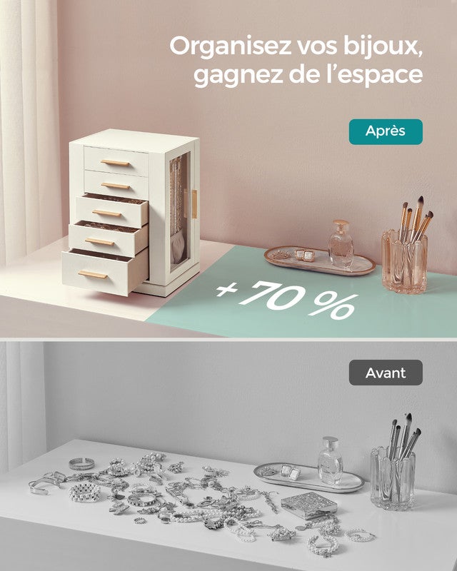 Boîte à Bijoux Pivotante sur 360°, avec 5 Tiroirs, Fenêtres en Verre Latérales, Grand, Rangement pour Accessoires, Design Ouvert, Blanc Nuage - 7