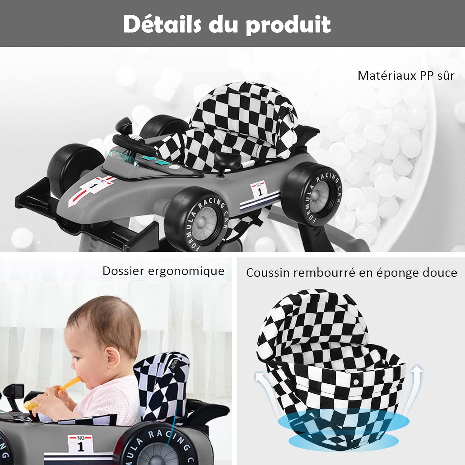 Andadores para Bebé, Andadores para Bebé 4 em 1 com 3 Alturas Ajustáveis, com Música e Luz, Carga 12 kg, para 6 a 18 Meses (Cinza) - 8