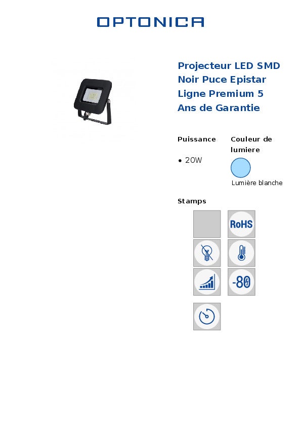 Projecteur LED SMD Noir – 20W – 1700lm – IP65 – 6000K – 150° – Câble 70cm - 8