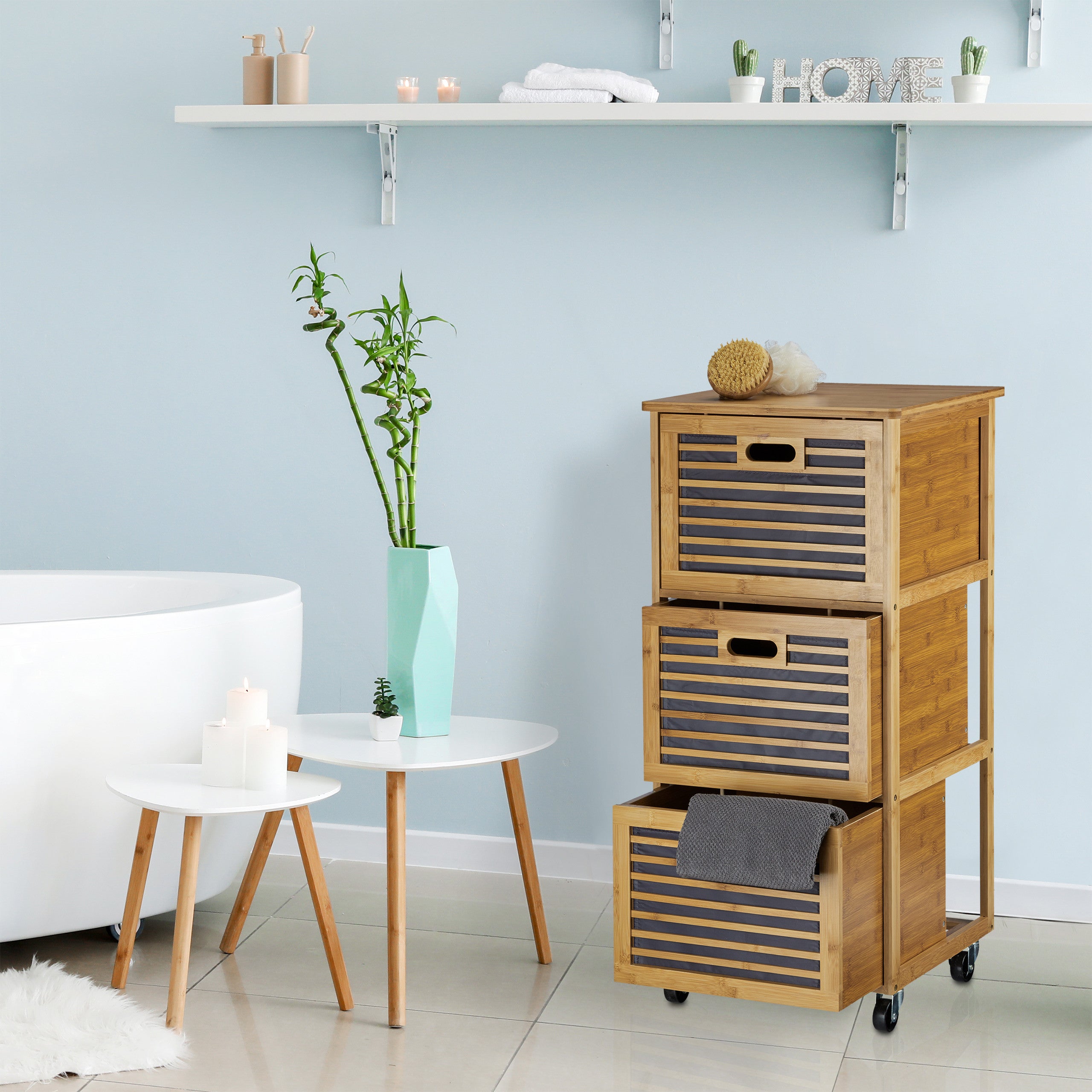 Carrello Bagno Relaxdays Scaffale Bagno Con Rotelle - Armadietto Bambù 3 Cassetti, 92x41x41 Cm Bamboo Bookcase