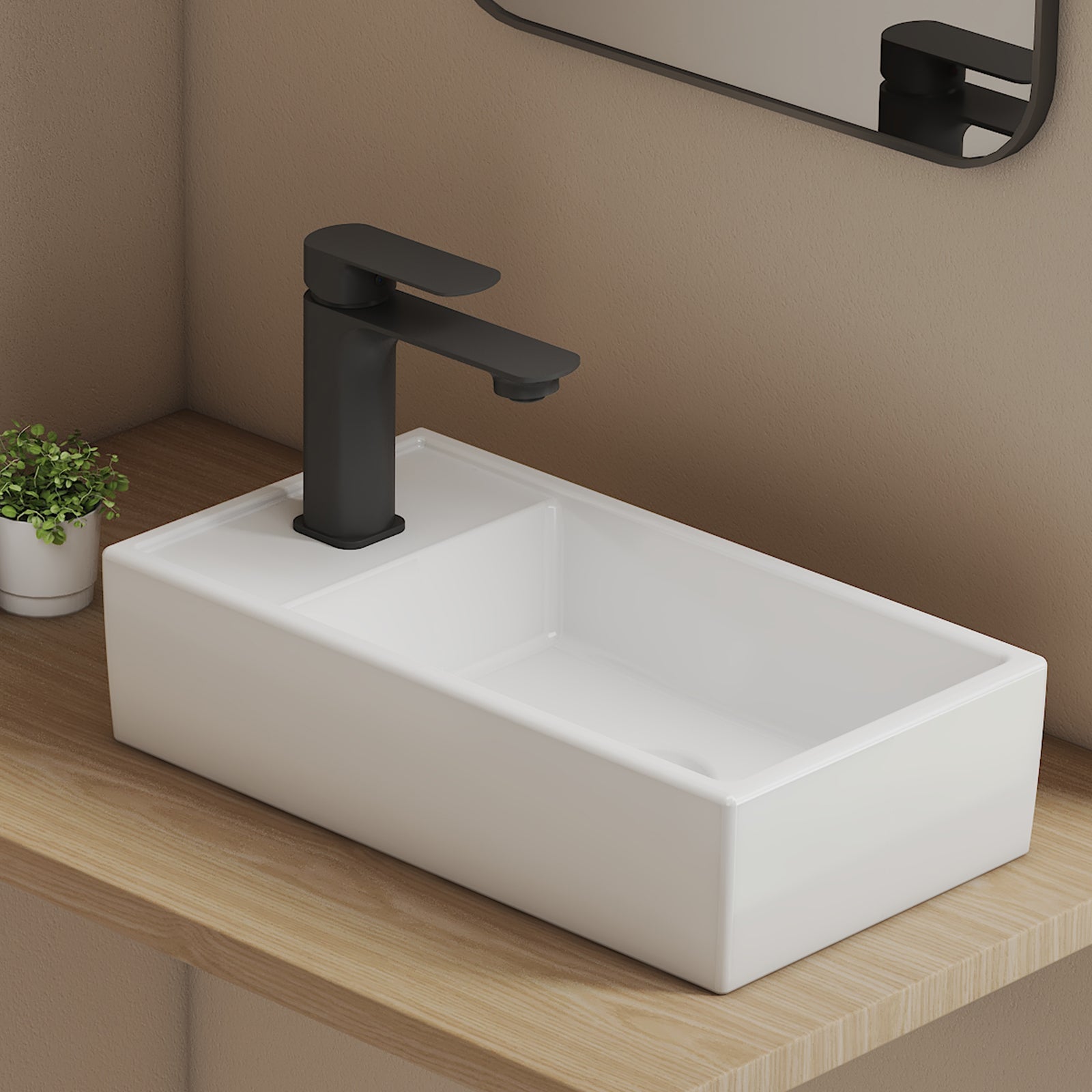 EMKE Lavoar cu montaj pe blat din ceramică, dreptunghiular, 41 x 22 x 10 cm, alb lucios, cu orificiu pentru baterie