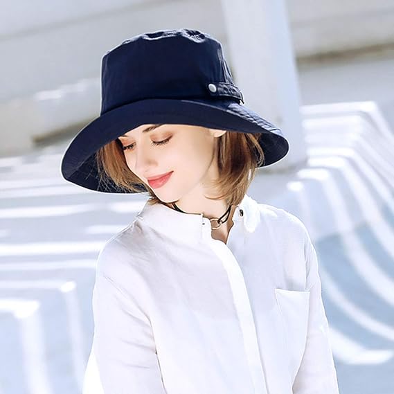 Chapeau de soleil femme en coton à larges bords, protection UV UPF50, rangeable, bleu marine 25*20 cm - 4
