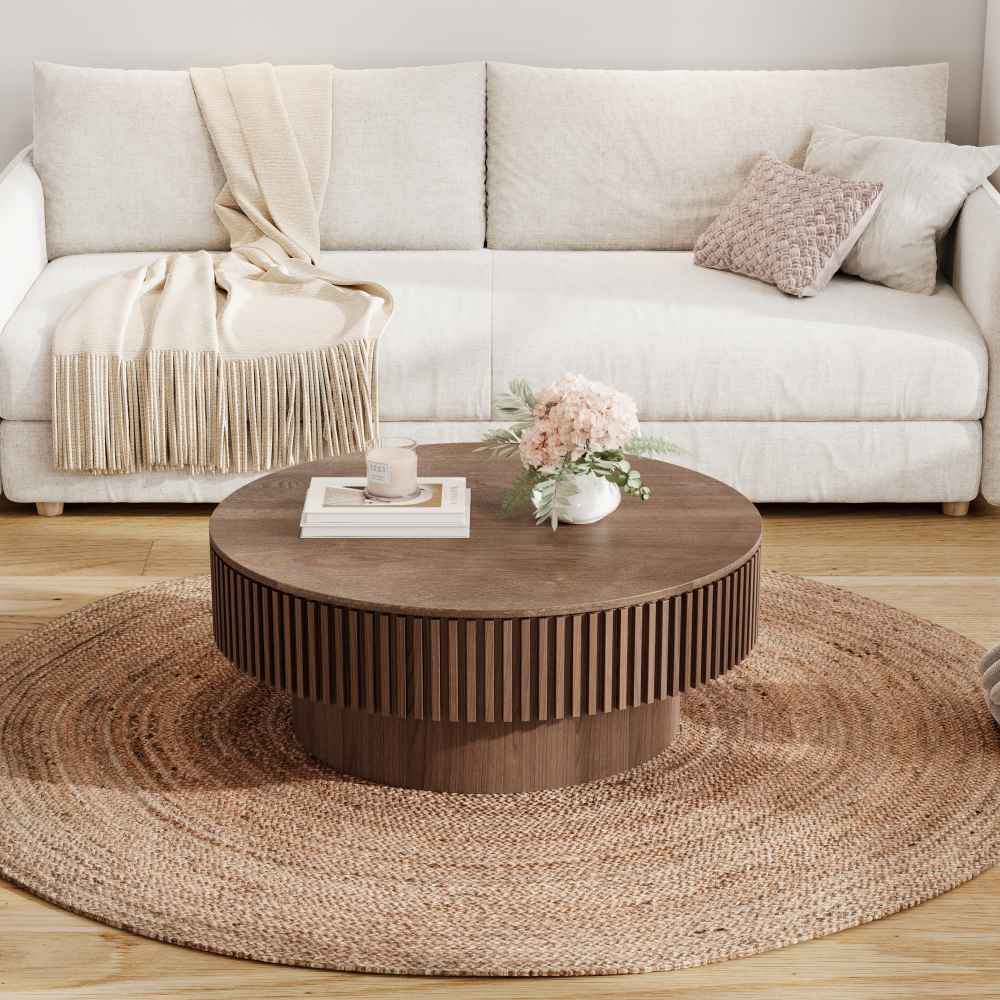 Table basse ronde 75 cm avec rangement, plateau en bois massif plaqué, design moderne et fonctionnel pour salon, chambre ou bureau - 6