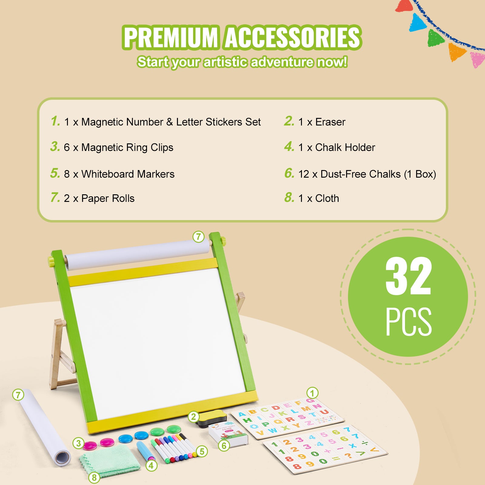 chevalet d'art de bureau pour enfants,VEVOR chevalet en bois réversible 3 en 1 avec tableau magnétique,papier à rouler,pliable,avec accessoires - 3